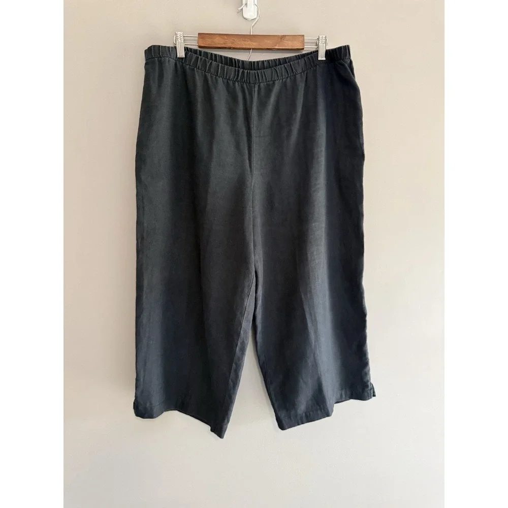 Tahari 100% Linen Pants Wide Leg Black Crop Pull On Beach Lagenlook Classic - Picture 5 of 14